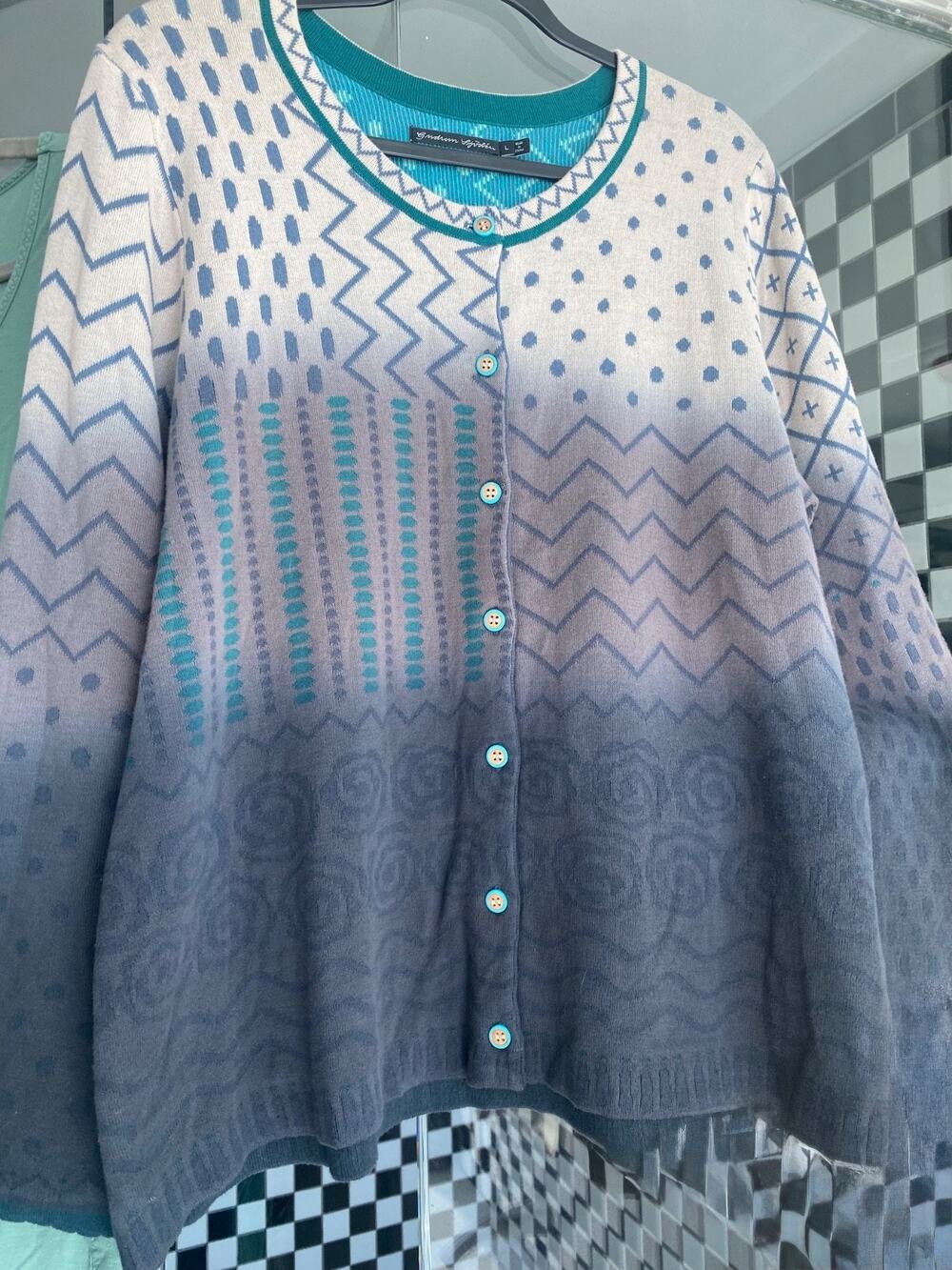 GUDRUN SJODEN Gorgeous Indigo Blue Organic Cotton Dip Dye Geometric Cardigan L
